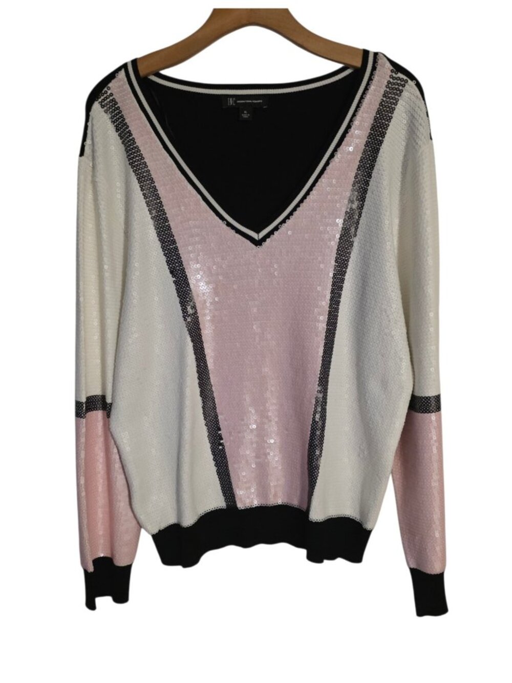 INC International Concepts Colorblocked‎ Sweater Sequins Pink White Black XL